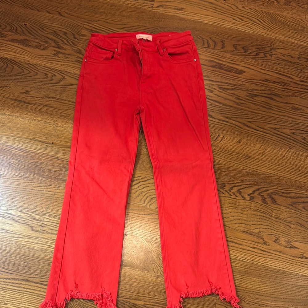 Vibrant Red Flare Wide Leg Jeans with Frayed Hem